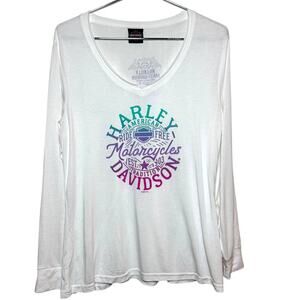 Harley Davidson Women's XL White Scoop Neck Long Sleeve Shirt Hillbilly HD Tenn